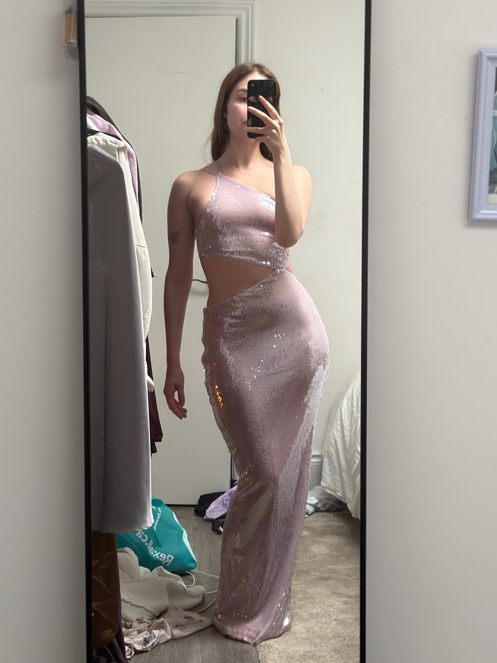 Oh Polly One-Shoulder Sequin Cutout Gown - Light Pink